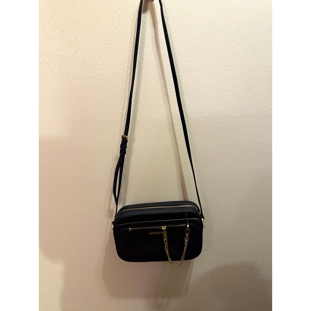 Michael Kors Black Saffiano Leather Small Crossbody Zip Gold Hardware Strap